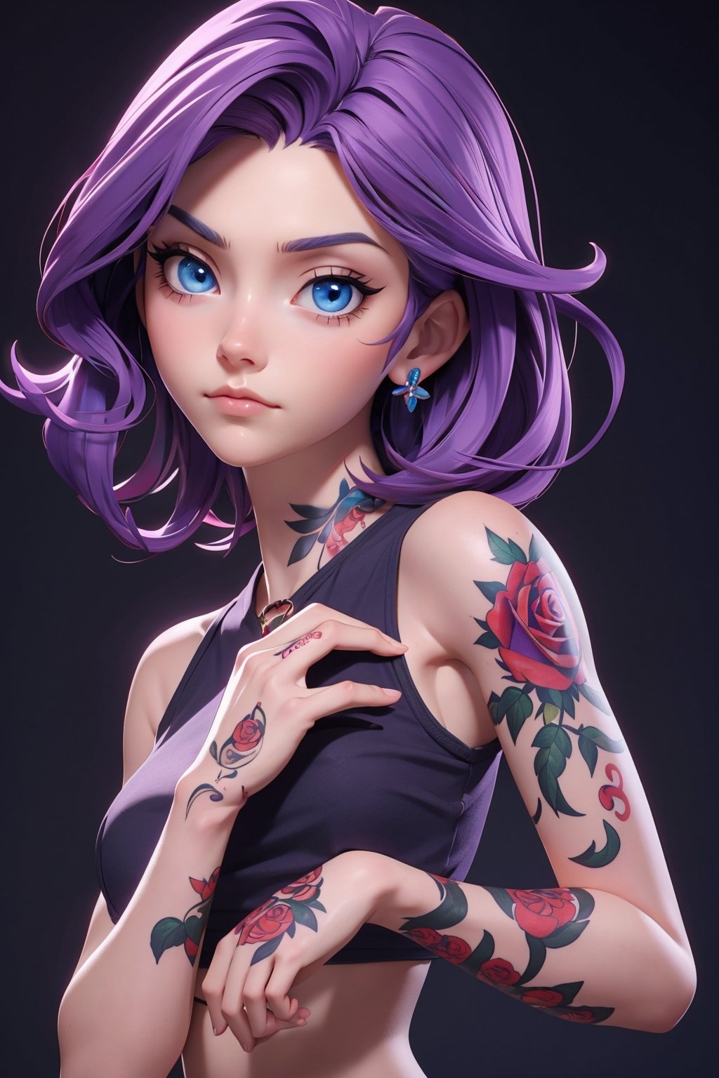good hands, good body, 18 year old girl body,shoulder length semi wavy short straight purple hair,a red rose tattoo on the neck,letter tattoos on the fingers of the hand,3DMM