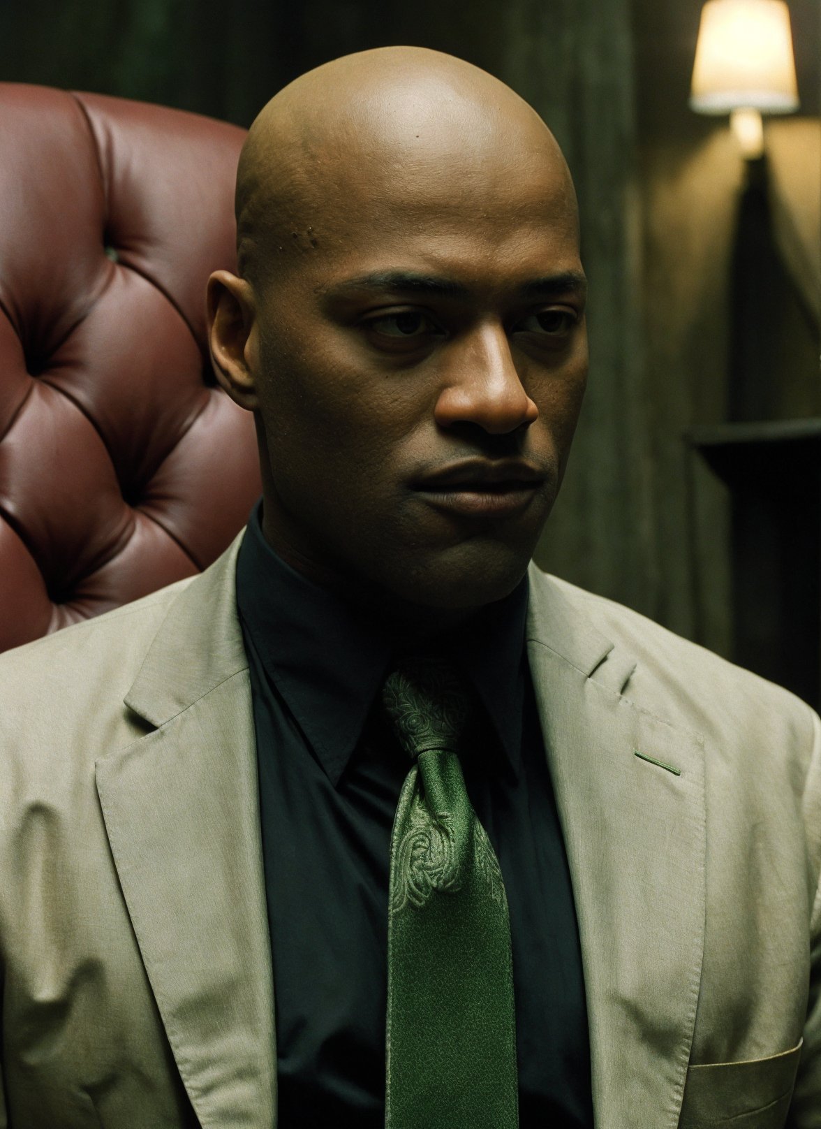 the matrix movie, (masterpiece), (extremely intricate:1.3), (realistic), beautiful lighting, professional lighting, film grain,portrait of morpheus, male focus, solo, realistic, bald, looking at viewer, green eyes, blurry, dark skin, formal, shirt, closed mouth, necktie, red chair