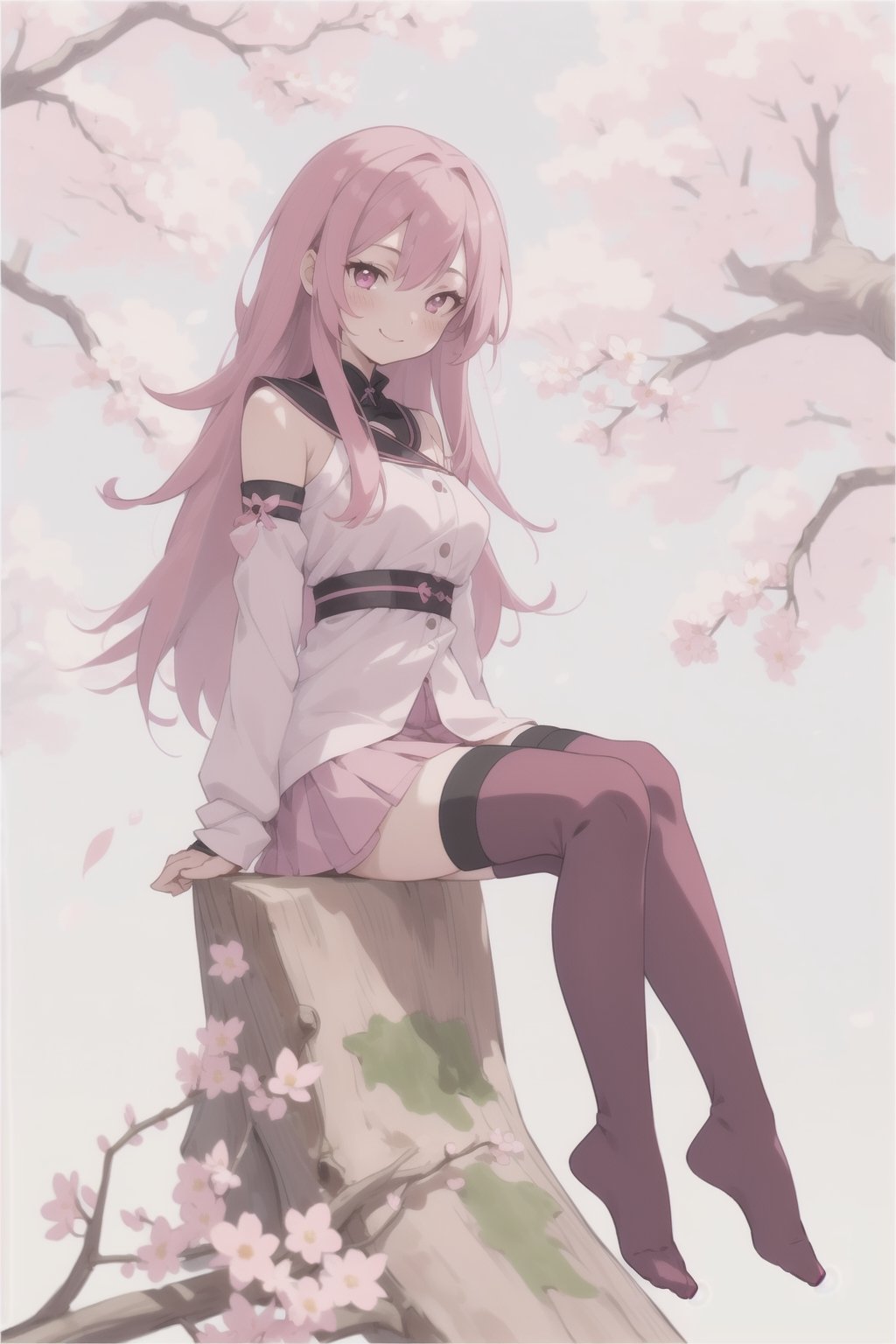 1 girl, beautiful, foxgirl, full_body, very dark pink, long dark pink_hair, sitting next to a sakura tree, vibrant, flowers falling from the tree, smirking, blushing, wearing thigh highs, and a short mini skirt, complex_background, pink eyes, cute