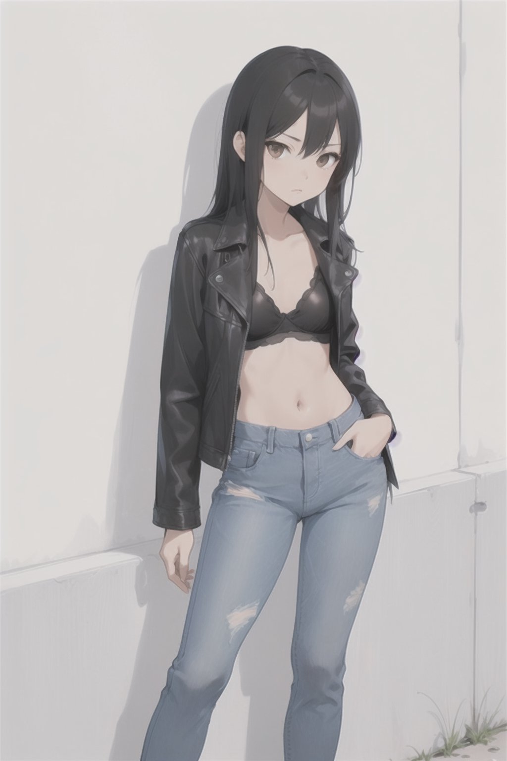 Asian girl, long black hair, (full length and oversized light blue worn out jeans, short chest high black leather jacket, small black bra underneath), full_body,  standing against a wall, relaxed, brown eyes, legs crossed, one hand on raised hip