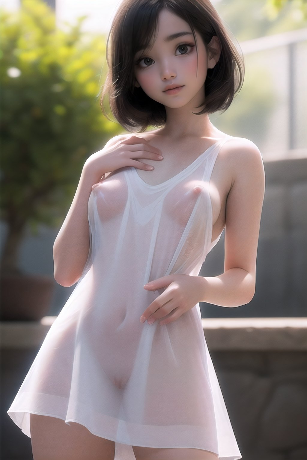 ((1 girl)), (nsfw:1.2), open cleavage, (no bra, no panties),shoulders exposed,crisp breasts exposed, clothes open, hand held clothes, torn open, chest tip exposed, ((pussy indent, cameltoe, pubic hair)), perky nipples, (very detailed CG Unity 8k wallpaper), (masterpiece), (best quality), (super detailed), (best illustration), (best shadow), (realistic), (PureErosFace_V1:0.5), lens flare, (depth of field), (natural lighting), ultra-high resolution, (eye detail), charming smile , (brunette) , (((transparent nightdress))), (exposed chest), 18 years old,bsp