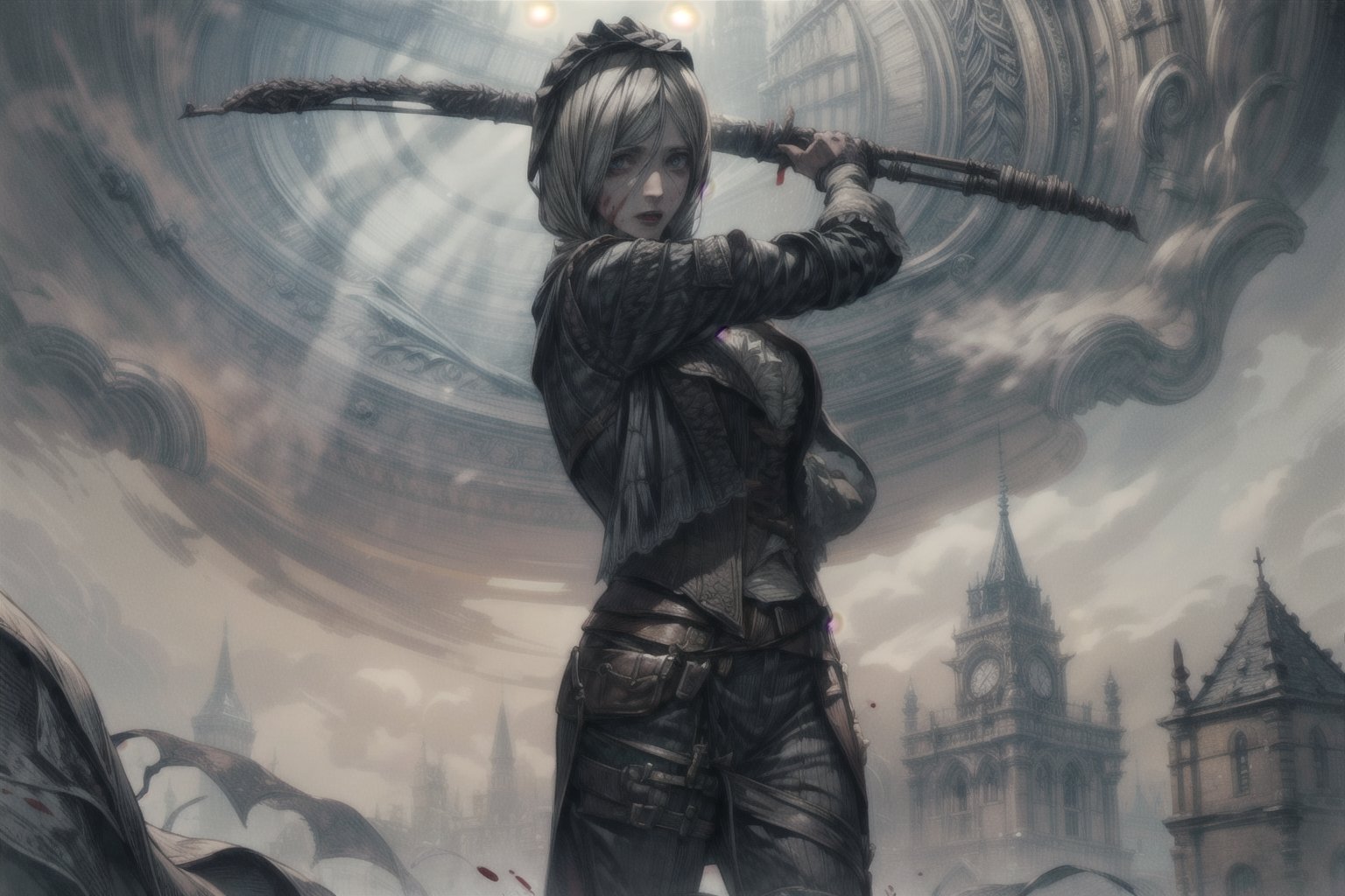  ((masterpiece)) 8k, ((bloodborne)) (((art by mad house)))  hyper detailed female 