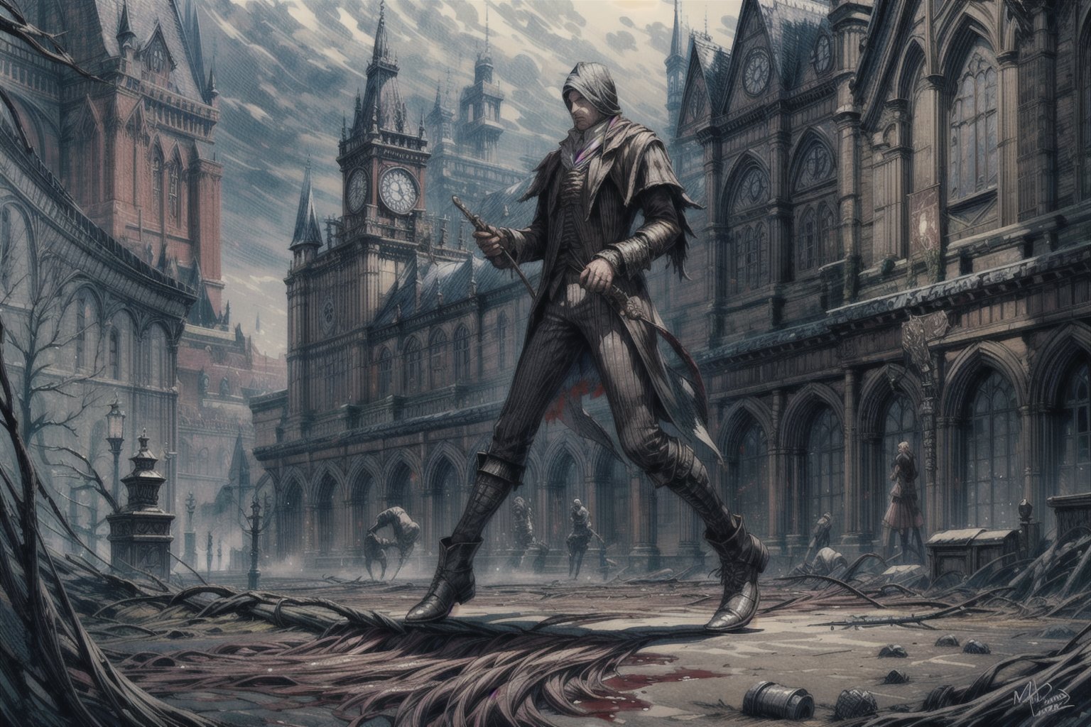  ((masterpiece)) 8k, ((bloodborne)) (((art by mad house)))  hyper detailed female 