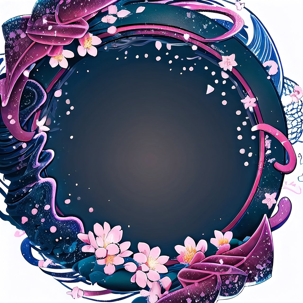 circle rounded avatar frame, ultra detailed, intricate, detailed background, blood curls frame, sakura curls frame, dark ultra realistic fog, dark blue ultra realistic color frame