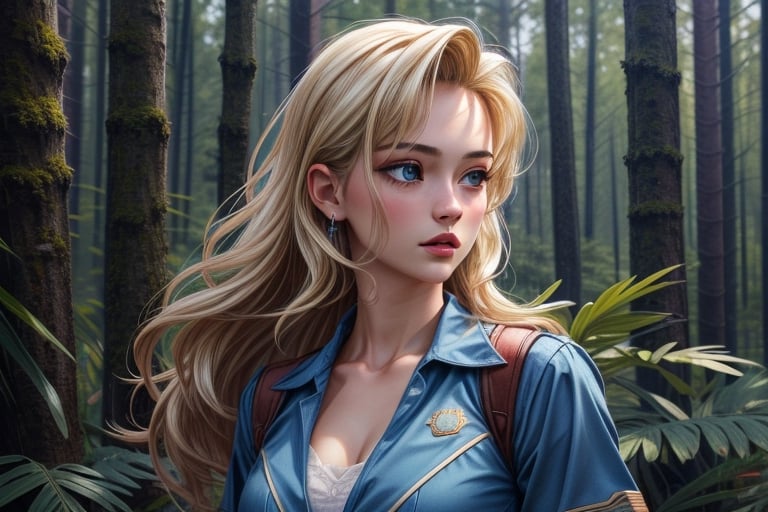 (masterpiece), (best quality), (detailed), light layer, 1solo girl, young girl, perfect body, blonde hair, defined chest, defined collarbone, ultra realistic, photorealistic, detailed, ,Enhance, blue forest ranger uniform, forest background, full body portrait 