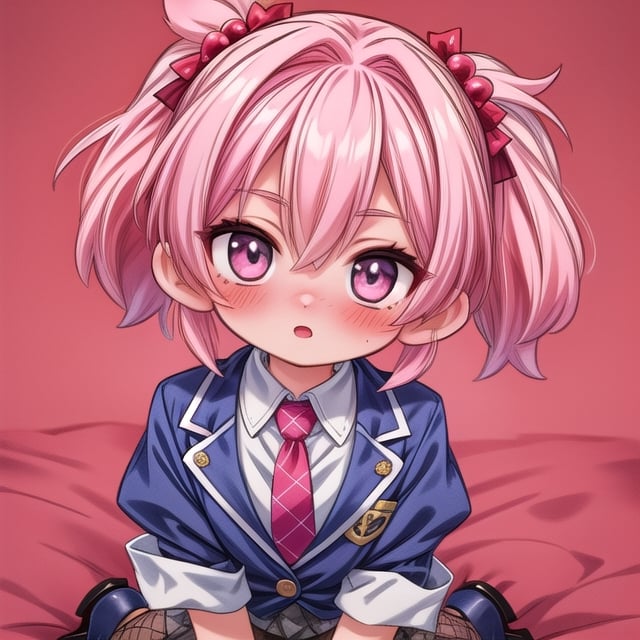 2d, masterpiece, best quality, anime, highly detailed face, highly detailed eyes, highly detailed background, perfect lighting, 1girl, solo, upper body, pink hair, two piece suit and tie, pleated mini skirt, fishnet stockings and heels, blushing, 