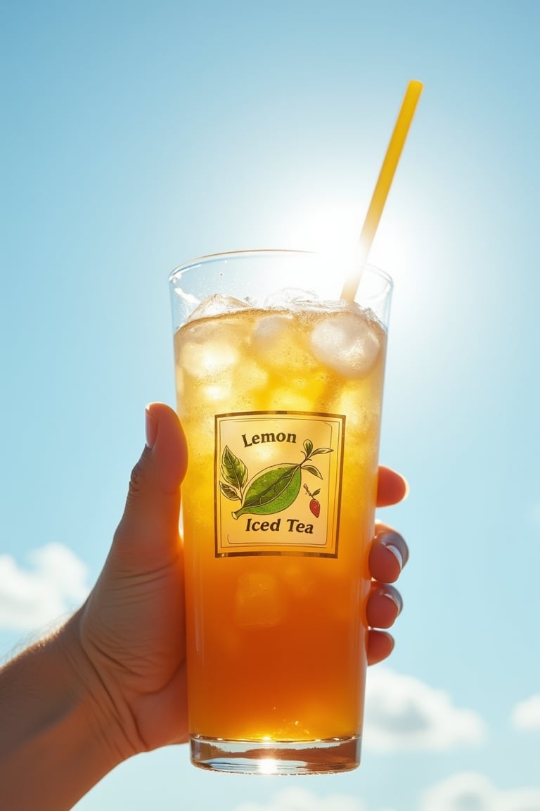 photo of a hand, holding a glass of cold tea against the midday sun, one straw, "Lemon Iced Tea" label on glass with green lemon and tea leaves illustration enclosed in a diagonal rectangle figure, few ice cubes floating on top, lens flare, intricately detailed, extreme detail, clear sky as background, hyperrealistic