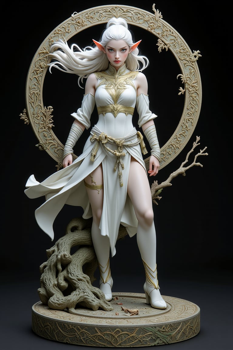 microshot of a realisitic jade figurine featuring a forest elf beauty, white hair, wearing intricately designed white ranger robe outfit with gold highlights, standing on a willow trunk standing above a runic circle, encircling around her, black background, extreme detail, realistic figure, battle pose, fighting stance, fierce look