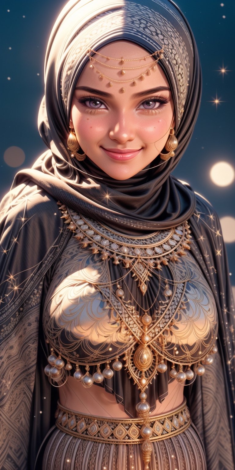 photo realistic, cute girl, hijab, sharp focus, higher realistic, 8k, cute, upper body, glowing lights intricate, praying, elegant, highly detailed, smooth, bored face, lazy smile, background ramadan,