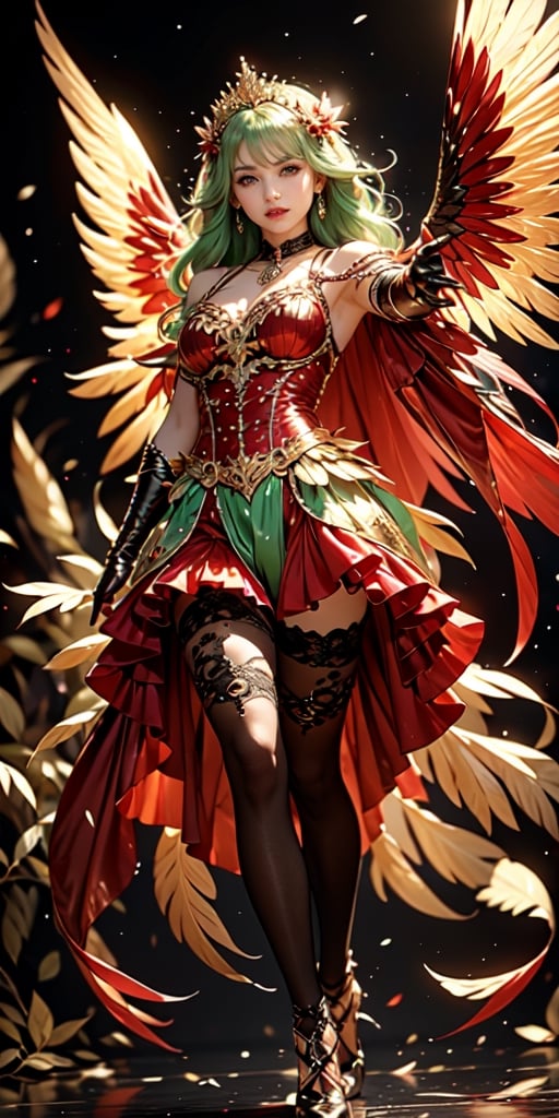 Best picture quality, high resolution, 8k, realistic, sharp focus, realistic image of elegant lady, Korean beauty, An adorable lady with a cheerful expression, wavy green hair, a strong and agile body, adorned in a striking geen and red superhero costume, leaping through the air in dark setting, muscular fit body, slightly visible abs, leggings, skirt, intricately designed cloth armor, parrot wings, realistic hands, realistic fingers, detailed fingernails 