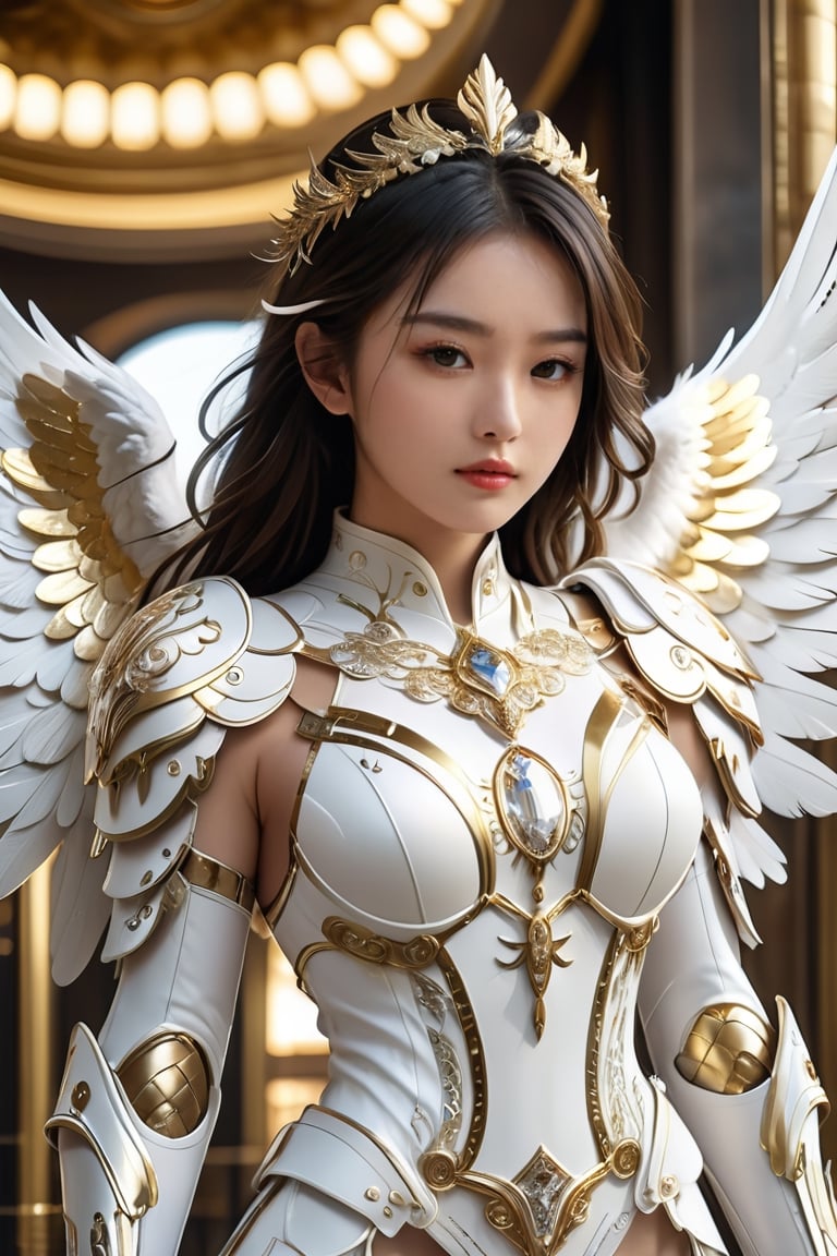 8k, fluffy white angel girl (looks 17 years old) on a golden jeweled tower in a heavenly utopian city, pretty asian, huge feathered angel wings, glowing nebula eyes, white flowing clouds, ivory armor inlaid with diamond gems, Trends in art stations, sharp focus, studio photos, intricate details, very detailed, cyborg armor