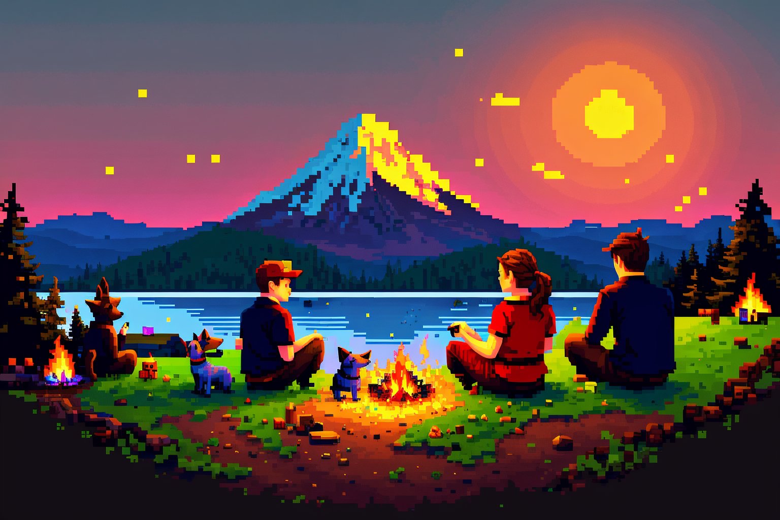 a pixelart of a man, a woman and a yorkshire dog sitting next to a firecamp and theres a mountain and a lake in the background during night