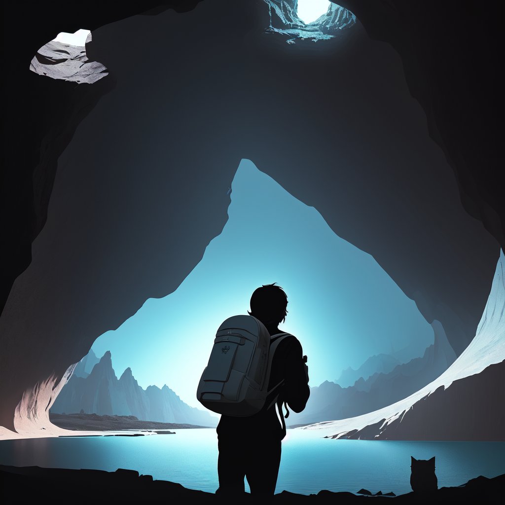 A tall adventurer, carrying a backpack, in front of a blue light lake, inside a very dark cave, shadows, lightless,vectorstyle,cat,Wlop,ghibli style