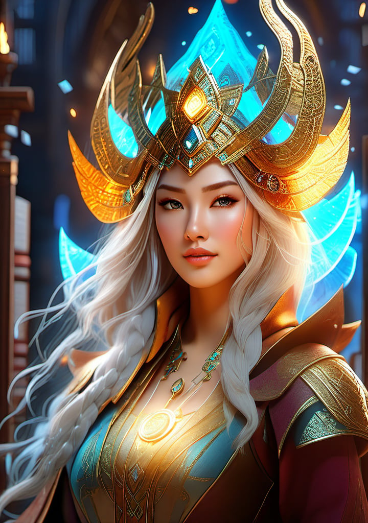 (high detailed face), An adventurous woman inA sorceress casting a powerful spell in a mystical library filled with floating books, glowing runes, and magical artifacts., (masterpiece 1.2), (ultra Max high quality 1.2), (high_resolution 4k), (high detailed face), 
,Leonardo Style,korean girl,3d style,bingnvwang