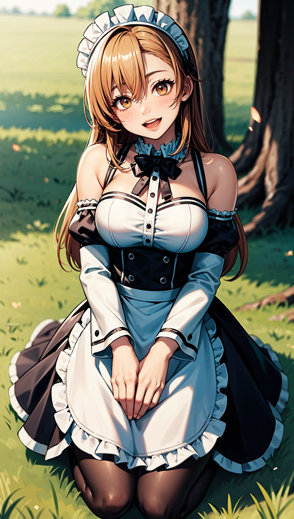 1girl, solo, seiza, kneeling,  , asuna, asuna \(sao\), orange eyes, frills, detached sleeves, bare shoulders, 
maid, maid headdress, maid apron, mary janes, pantyhose, 
looking_at_viewer, head tilt, smile, open mouth,  
park, tree, grass,
gradient background, depth_of_field, blurry, blurry_background, blurry_foreground, motion_blur,, weird atmosphere, (best quality:1.1), (masterpiece:1.2), high quality shadow, beautiful detailed, (high detailed skin, skin details), (wide_landscape, 8k), beautiful face, detailed eyes, depth of field, dramatic light, best quality, highres, best shadow, best illumination,Yor Forger ,Maid_Dress