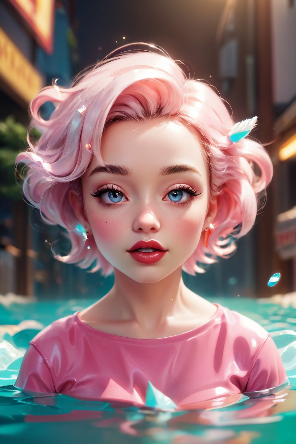 A detailed illustration of a print of a colorful  Cute Marilyn Monroe, fantasy splash, modern t-shirt design, in the style of Studio Ghibli, light white and pink pastel tetradic colors, 3D vector art, cute and quirky, fantasy art, watercolor effect, bokeh, Adobe Illustrator, hand-drawn, digital painting, low-poly, soft lighting, bird's-eye view, isometric style, retro aesthetic, focusedon the character, 4K resolution, photorealistic rendering, usingCinema 4D, headshot