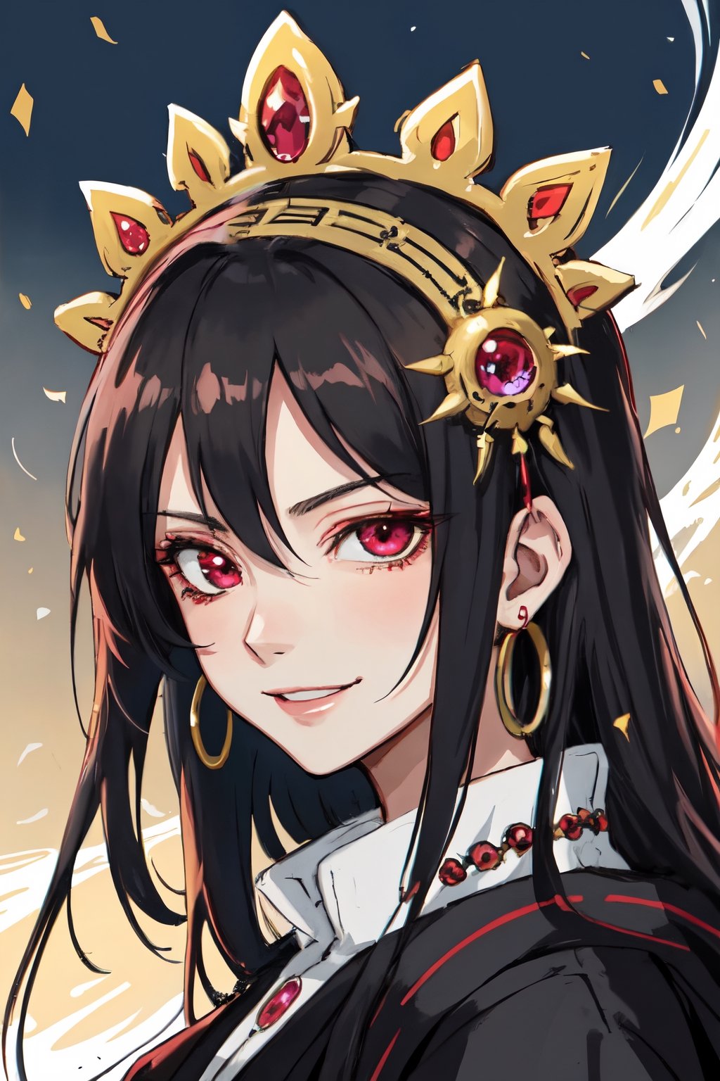 detailed face, detailed eyes, light smile, black hair, A mystic sorceress gazes directly at the viewer, her one eye adorned with a mesmerizing car wheel-shaped sharingan while the other eye features a rinnegan. Her elaborate headdress and intricate jewelry glint in the soft, magical light.