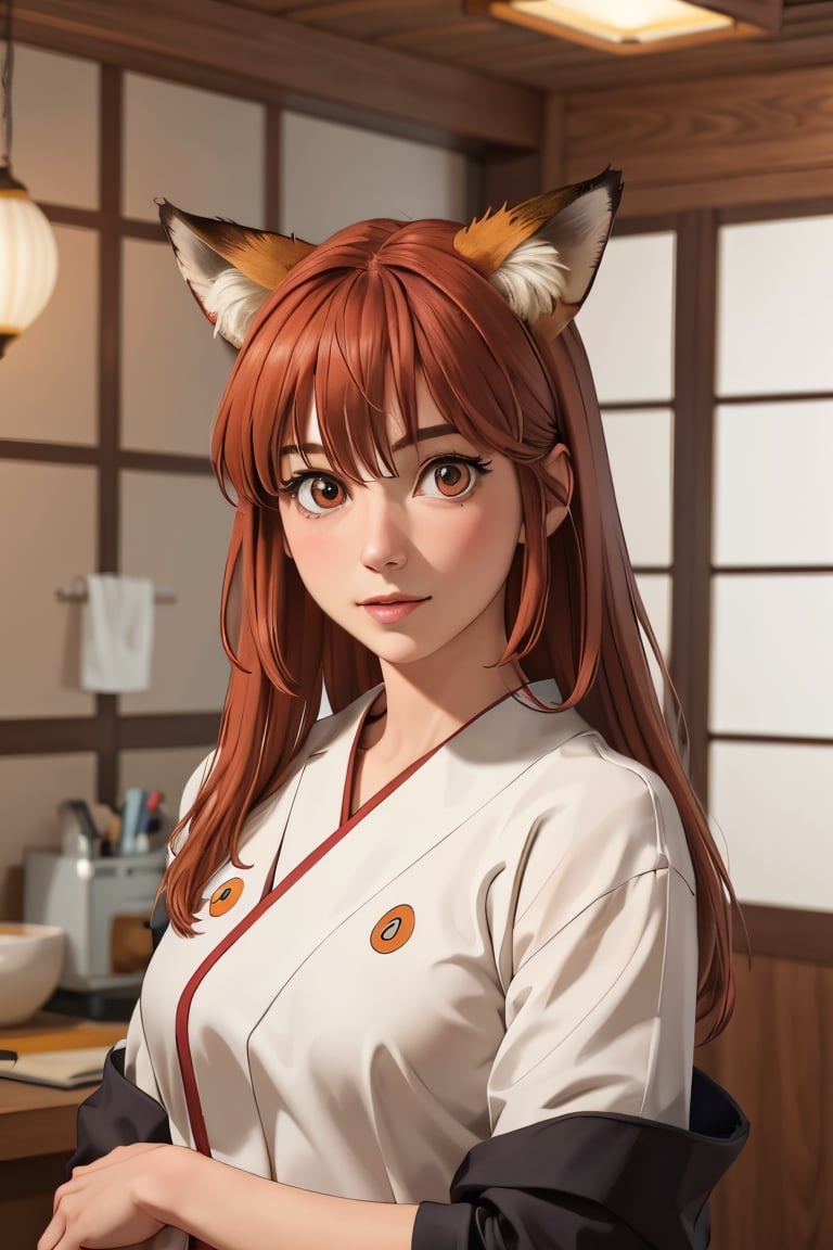 1girl, caucasian, adult, indoors, colorful, cute fox costume, ultra realistic, best quality, ultra detailed, average girl, upper body, closeup,uzumaki_kushina,mamori