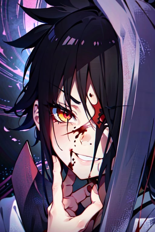 closeup face, beautiful face, small half colsed eyes, sharingan , close up , blood coming from eyes, black barground, devil,  tomoe  eye, sharp and ,flaming eye, hands on face , smiling, evil , ,chaosmix