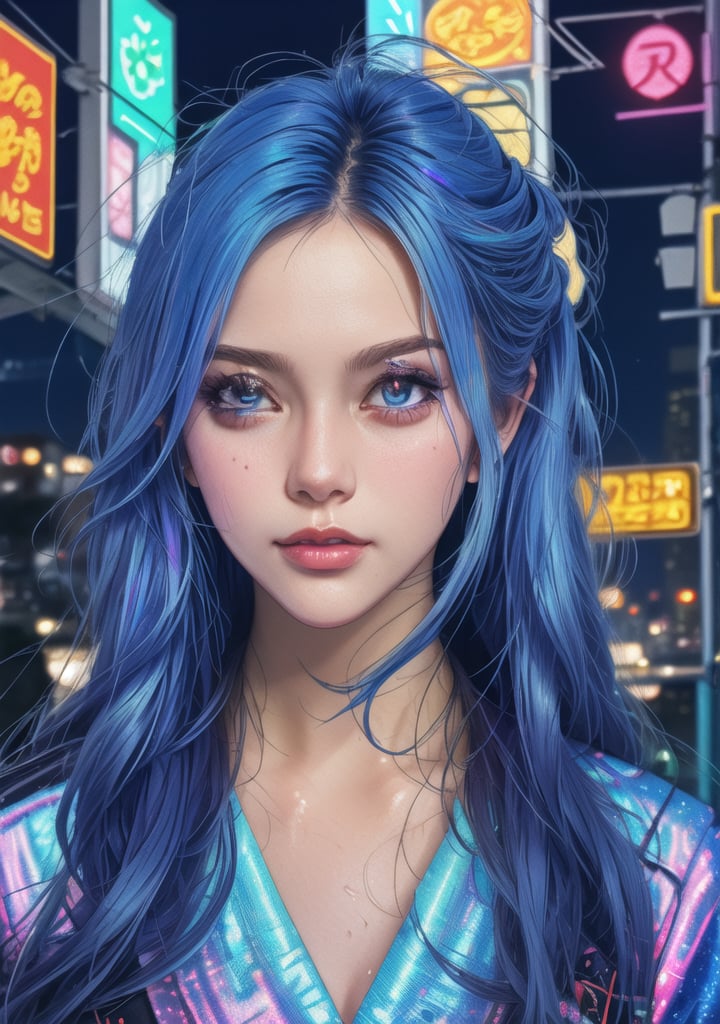 (high detailed face),1 girl , voilet hair, big_boobs, Amidst the neon-lit streets of a cyberpunk cityscape, a street vendor sells holographic fruits from a futuristic cart. The reflection of towering skyscrapers is visible on the wet pavement. (masterpiece 1.2), (ultra Max high quality 1.2), (high_resolution 4k), (high detailed face), 
,Leonardo Style,3d style,bingnvwang,dfdd,glow,cyborg style,blue hair,1 girl,zero two,3DMM,Detailedface