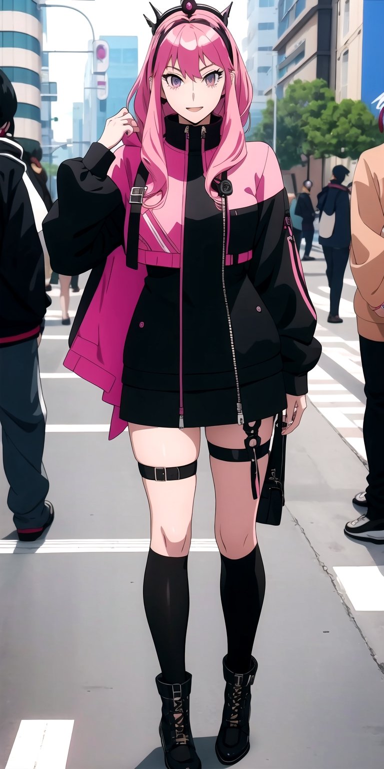 Alafe girl with pink hair and a crown on her head, dressed in punk clothing, dressed in crustpunk clothing, Anime girl cosplay, Cybergoth, Wearing a punk costume, kerli koiv as anime girl, 1 7 - year - old anime goth girl, Belle Delphine, Anime Cosplay, With pink hair, real life anime girl, Punk Girl,LightningPunkAI,edgpskirt,Cyberpunk,photo r3al,midjourney,neon_nouveau,photorealistic
,anime