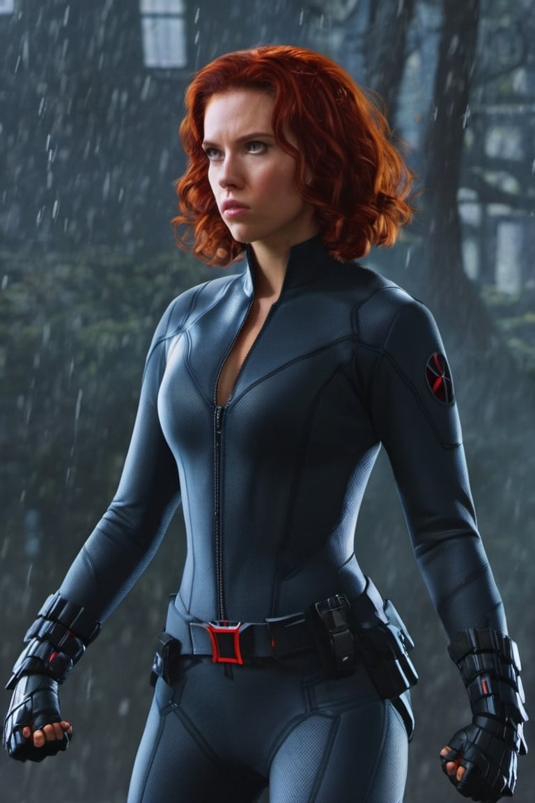 A skilled spy and fighter, Black Widow uses her expertise to combat evil alongside her fellow Avengers.  in the rain  , splash, glittering, cute and adorable, filigree, lights, fluffy, magic, surreal, fantasy, digital art, honor, and leadership., ultra hd, hyper-realistic illustration, vivid colors,  UHD, cinematic perfect light,greg rutkowski, training, holding_weapon,  realistic ,OHWX,cyborg style