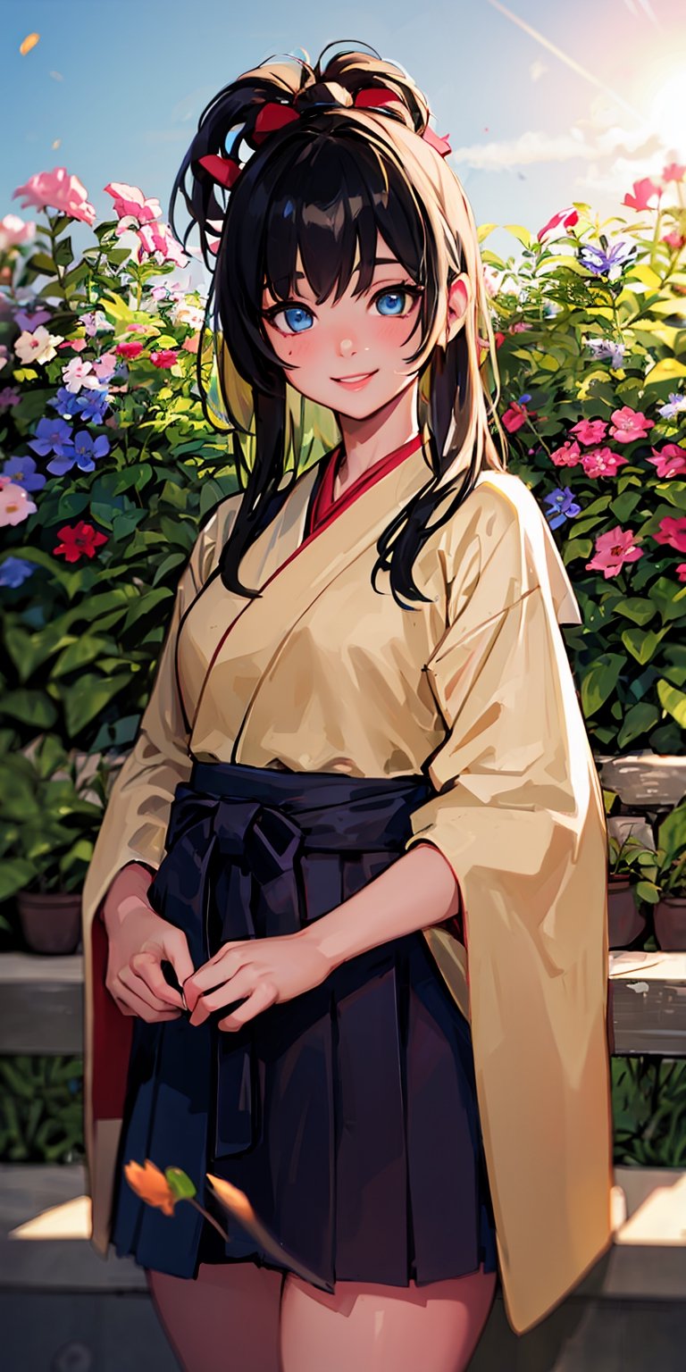 //quality Masterpiece, ultra detailed, hyper high quality, quality beyond the limits of AI, the ultimate in wisdom, top of the line quality, 8K, //Character 1girl, Beautiful eyes, detailed eyes, big eyes, smile, fine face, black hair, //Fashion samurai girl, hakama, //Background Beautiful blue sky, calm sunshine, flower garden, (bokeh:1.2)
