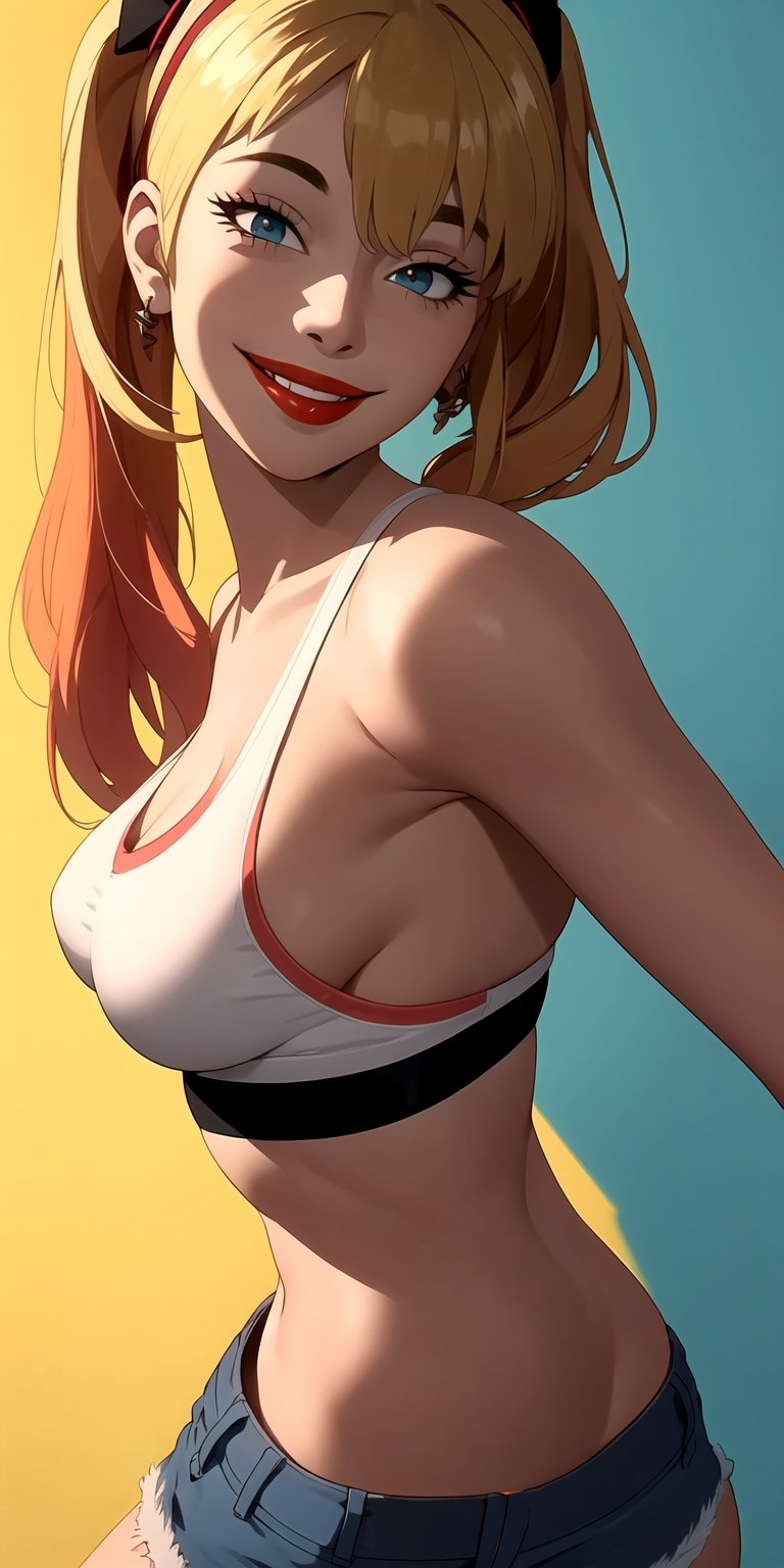 photorealistic portrait, (medium shot), from the front, Harley Quinn, (perfect face: 1.3), (face details: 1.3), (symmetrical eyes: 1.3), (red lips: 1.3), (smiling face expression: 1.3), blonde, (two pony tails), face paint, wearing white sports bra, (tasty breasts: 1.3), (short jean shorts), slim waist, paint splatter background, (sexy pose: 1.3), ((hands stretched over head)), vibrant colors, dramatic lighting, (casted shadows), detailed background, masterpiece, 8k.
