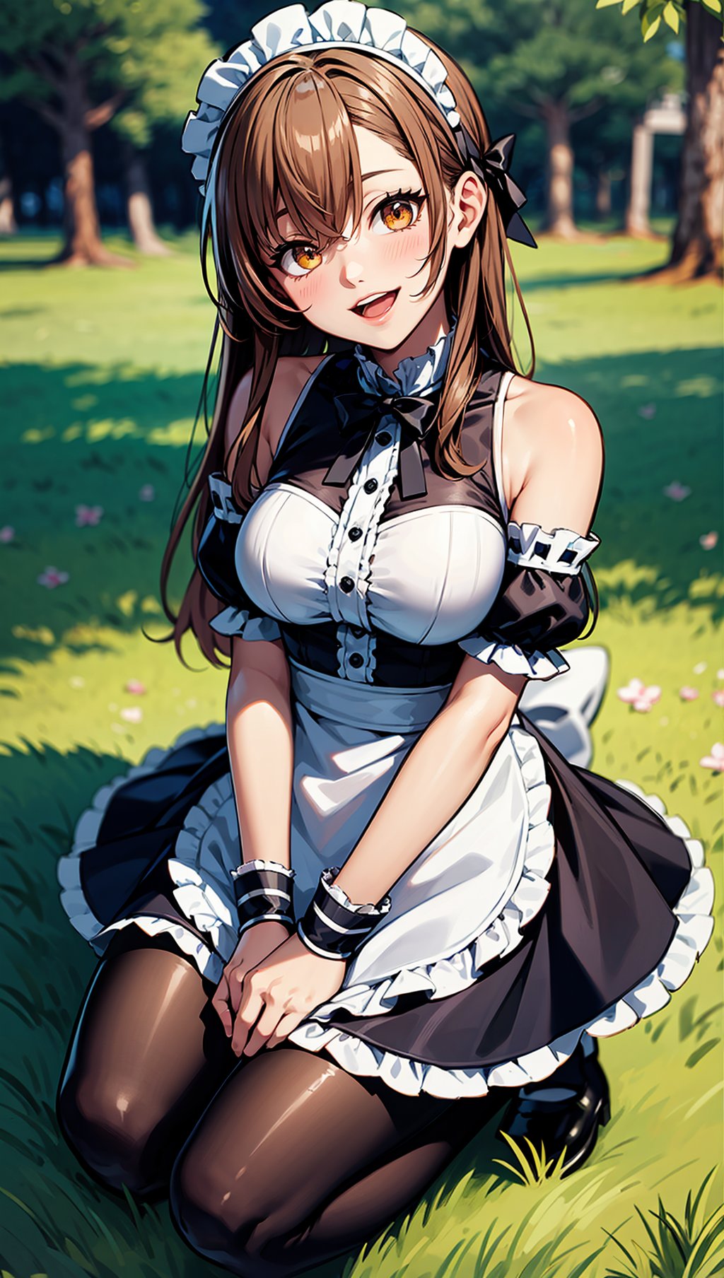 1girl, solo, seiza, kneeling,  , asuna, asuna \(sao\), orange eyes, frills, detached sleeves, bare shoulders, 
maid, maid headdress, maid apron, mary janes, pantyhose, 
looking_at_viewer, head tilt, smile, open mouth,  
park, tree, grass,
gradient background, depth_of_field, blurry, blurry_background, blurry_foreground, motion_blur,, weird atmosphere, (best quality:1.1), (masterpiece:1.2), high quality shadow, beautiful detailed, (high detailed skin, skin details), (wide_landscape, 8k), beautiful face, detailed eyes, depth of field, dramatic light, best quality, highres, best shadow, best illumination,Yor Forger ,Maid_Dress