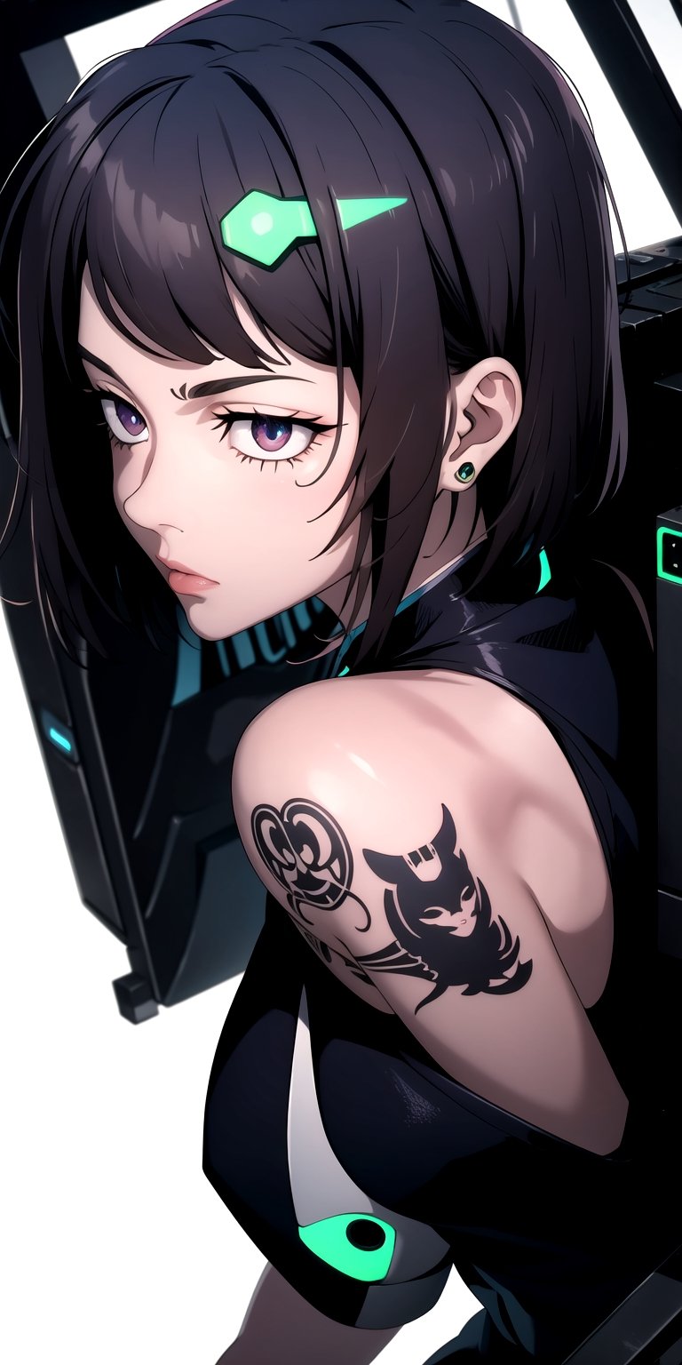 bizarre,kawaii tattoo,female fused with machines,metropolis,cyberpunk,messy,close-up shot,neon illumination,looking away,
