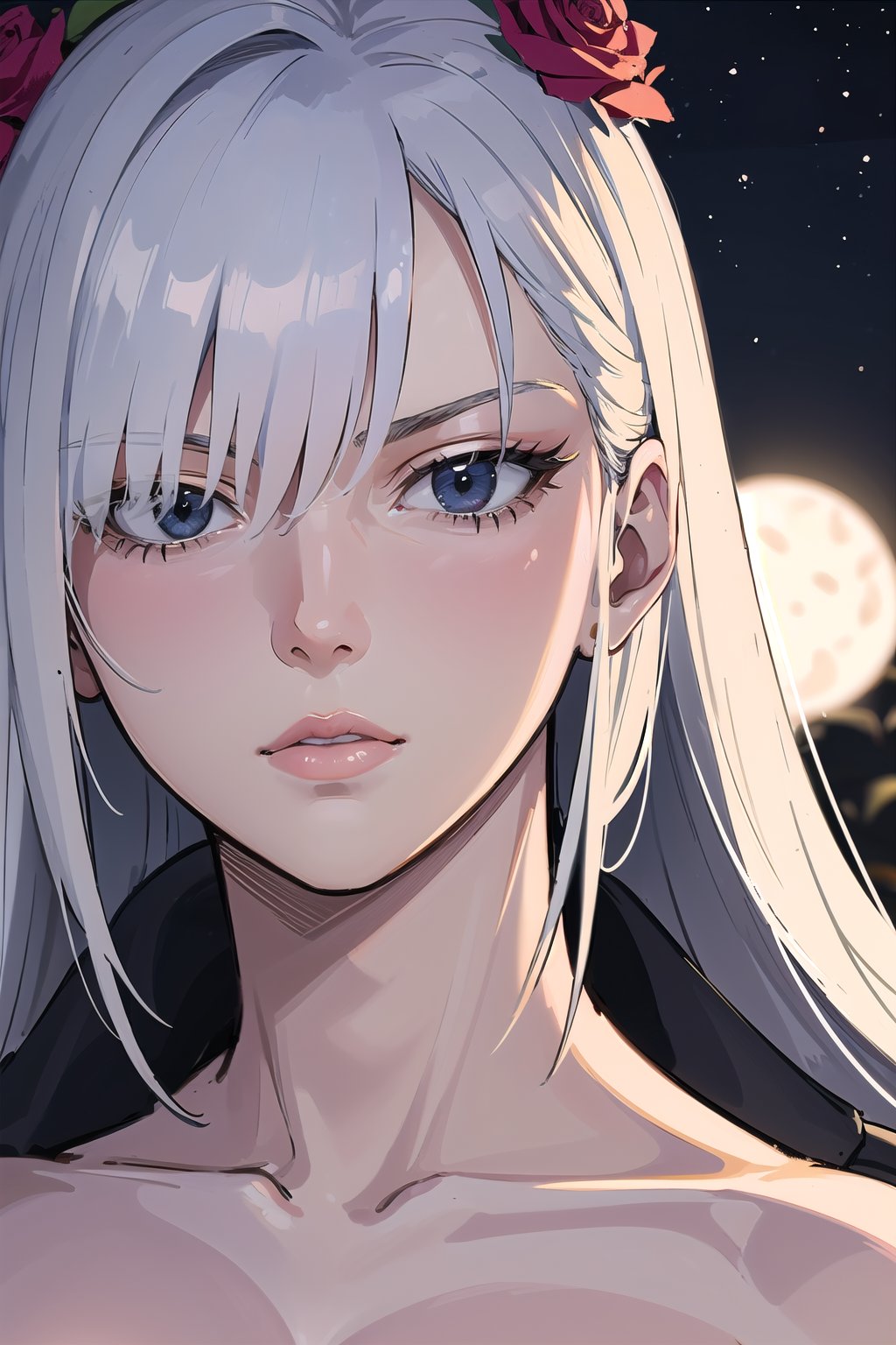 masterpiece, highest quality, (solo focus), (perfect face:1.1), (high detail:1.1), (hyper detailed eyes), dramatic, a guy with pale skin and long voluminous hair, white eyes, solo, long hair, Sephiroth, moon, night, white luxury suit, covered navel, pouty lips, fur, big_boobs, arrogant expression, Rose Garden, detailed background, art by artgerm, cinematic lighting, roses, fashion, BalenciagaStyle, suzuna, mai, high_school_girl, Dknss-KJ, 