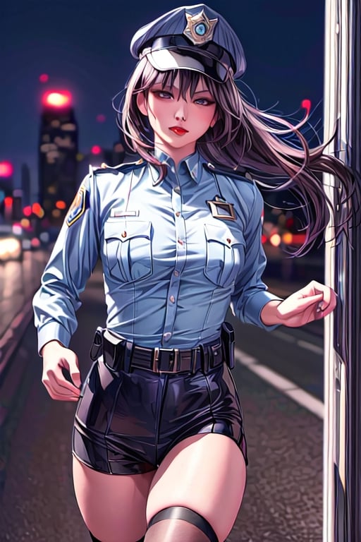 Solo, (Police Uniform, Policewoman), Stockings, City Lights, (running : 1.3), Lips Apart, Red Lips, Shiny Skin, Skin Dents, Best Quality, Ultra High Resolution, (Realism: 1.4),  