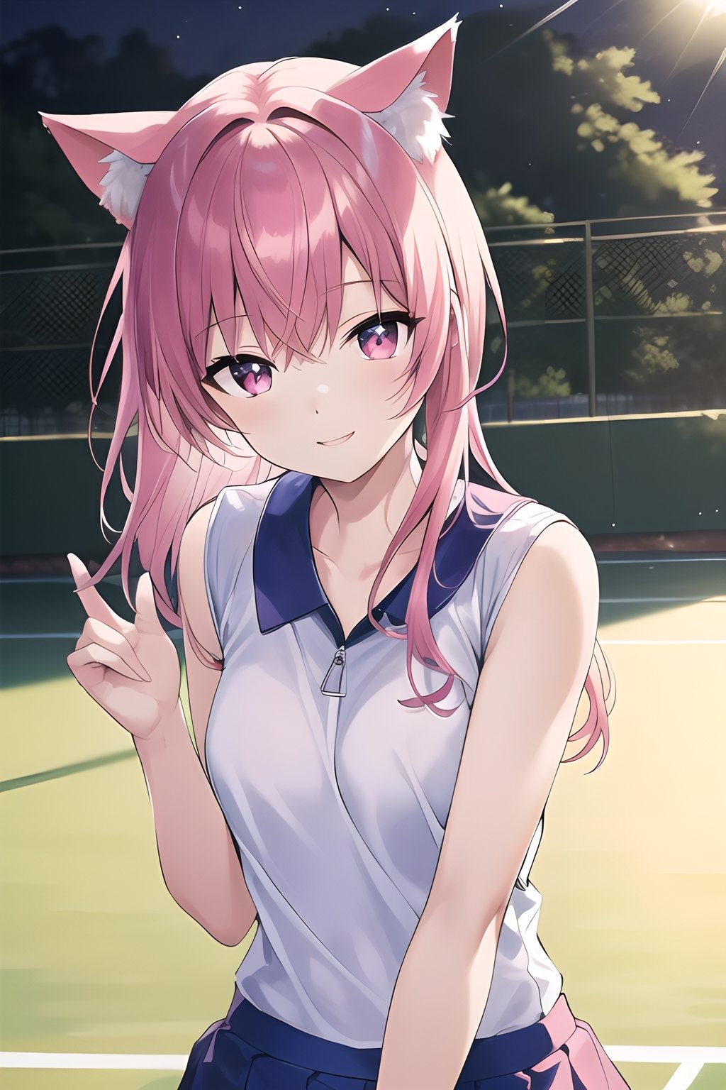 (high resolution, upper body, soft skin:1.2),(best illustration,masterpiece:1.2),ultra-detailed,[(cat ears ,pink inside:1.2),vivid colors,sharp focus,portrait,studio lighting,bokeh, wearing a tennis uniform and skirt, tennis courts background, dusk, smiling, kneeling_down, back to viewers
