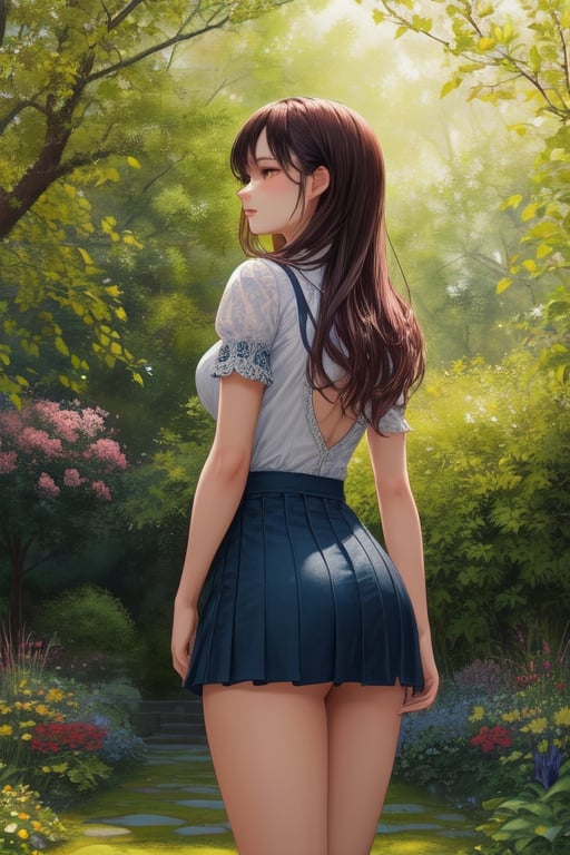 A girl with a short skirt, surrounded by the vibrant colors of Suratian art, captured in a high-resolution masterpiece. Her eyes are beautiful and detailed, drawing you in with their depth and emotion. Her lips, just as detailed, are soft and inviting. The girl stands confidently in a garden, her pose exuding grace and strength. The sunlight filters through the leaves, casting a warm and gentle glow on her face. The garden itself is a lush oasis, filled with blooming flowers and vibrant greenery. The scene is reminiscent of a beautiful oil painting, with each brushstroke capturing the intricacies of the garden and the girl. The colors are vivid, bringing the entire scene to life, and the lighting is carefully crafted to create a sense of warmth and serenity. This prompt guarantees the best-quality, ultra-detailed, and photorealistic representation of the girl, the garden, and the Suratian art, from below, back view 