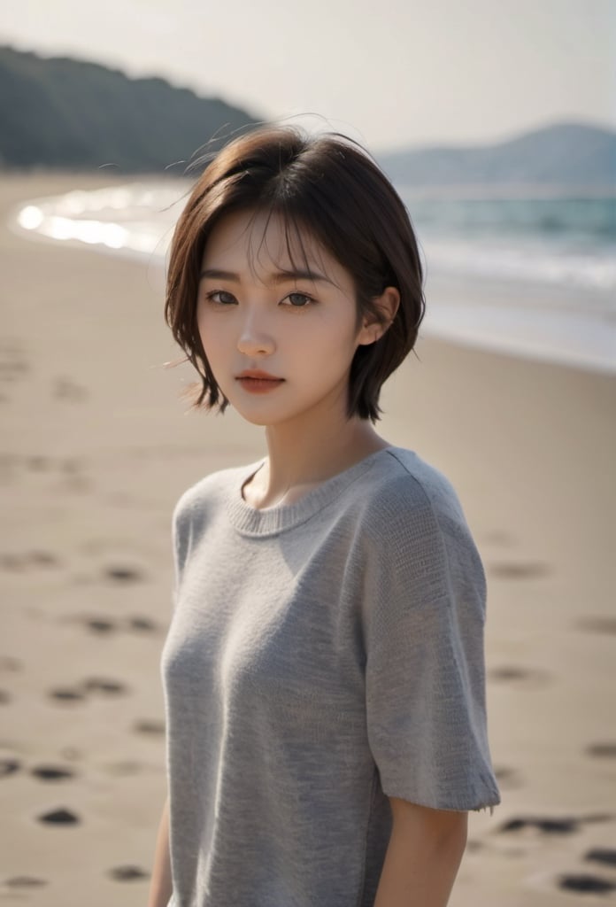 1 pretty japanese woman standing on the beach, outdoor,daylight,noon,20 years old, 158cm tall, sportive, fit,very large jaw bones, squarred face,masseter muscle hypertrophy, large face,big cheekbone,thin neck, Nordic hair,very short haircut, Medium Bob With Side-Swept Bangs, hair behind ears, hair behind the head is very short, blonde hair, light grey eyes, detailed eyes, detailed face, detailed ears, very tanned skin, short torso, little turned-up nose, nude, no clothes, no accessories, full body, skinny, sultry pose, seductive pose, flat chest, spread her legs,want to show her sex, very small breast, small labia majora, female_masturbation, whole body, exposed_pussy, beautiful sex, exaggerated very large pelvis, exaggerated very thin waist,want to have sex,photo, rule of thirds, detailed face, detailed nose, woman nude, smirk, intricate, background, realism,realistic, raw, analog, photorealistic, analog, realism, a lot of light, global light,medium-long shot,her thighs and her knees,xxmix_girl,LinkGirl