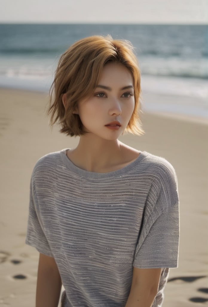 1 pretty japanese woman standing on the beach, outdoor,daylight,noon,20 years old, 158cm tall, sportive, fit,very large jaw bones, squarred face,masseter muscle hypertrophy, large face,big cheekbone,thin neck, Nordic hair,very short haircut, Medium Bob With Side-Swept Bangs, hair behind ears, hair behind the head is very short, blonde hair, light grey eyes, detailed eyes, detailed face, detailed ears, very tanned skin, short torso, little turned-up nose, nude, no clothes, no accessories, full body, skinny, sultry pose, seductive pose, flat chest, spread her legs,want to show her sex, very small breast, small labia majora, female_masturbation, whole body, exposed_pussy, beautiful sex, exaggerated very large pelvis, exaggerated very thin waist,want to have sex,photo, rule of thirds, detailed face, detailed nose, woman nude, smirk, intricate, background, realism,realistic, raw, analog, photorealistic, analog, realism, a lot of light, global light,medium-long shot,her thighs and her knees,