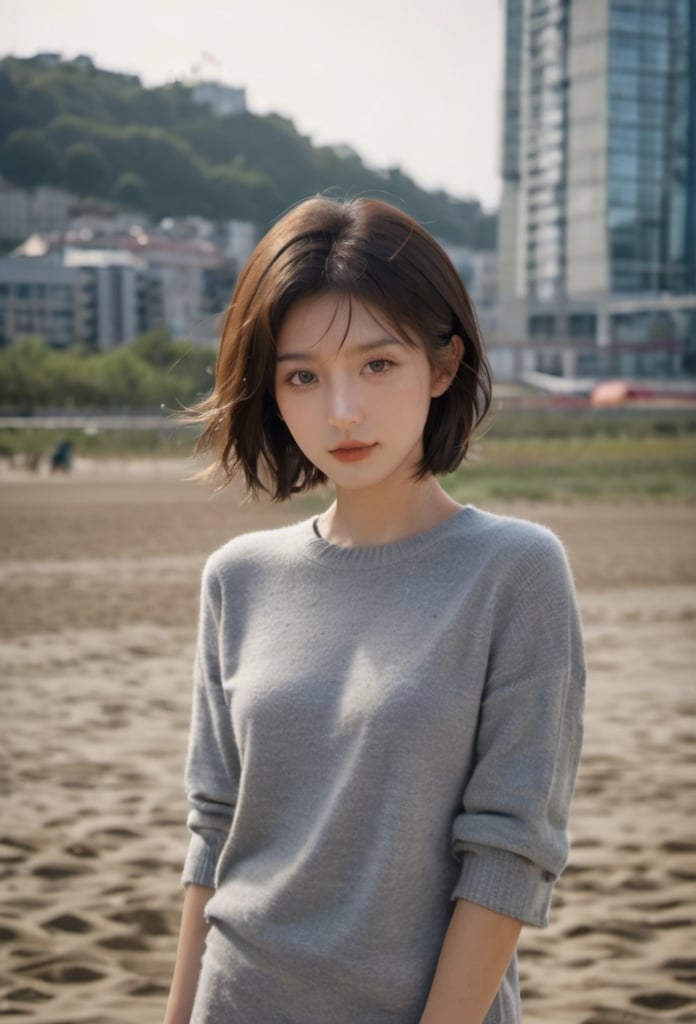 1 pretty japanese woman standing on the beach, outdoor,daylight,noon,20 years old, 158cm tall, sportive, fit,very large jaw bones, squarred face,masseter muscle hypertrophy, large face,big cheekbone,thin neck, Nordic hair,very short haircut, Medium Bob With Side-Swept Bangs, hair behind ears, hair behind the head is very short, blonde hair, light grey eyes, detailed eyes, detailed face, detailed ears, very tanned skin, short torso, little turned-up nose, nude, no clothes, no accessories, full body, skinny, sultry pose, seductive pose, flat chest, spread her legs,want to show her sex, very small breast, small labia majora, female_masturbation, whole body, exposed_pussy, beautiful sex, exaggerated very large pelvis, exaggerated very thin waist,want to have sex,photo, rule of thirds, detailed face, detailed nose, woman nude, smirk, intricate, background, realism,realistic, raw, analog, photorealistic, analog, realism, a lot of light, global light,medium-long shot,her thighs and her knees,xxmix_girl,LinkGirl