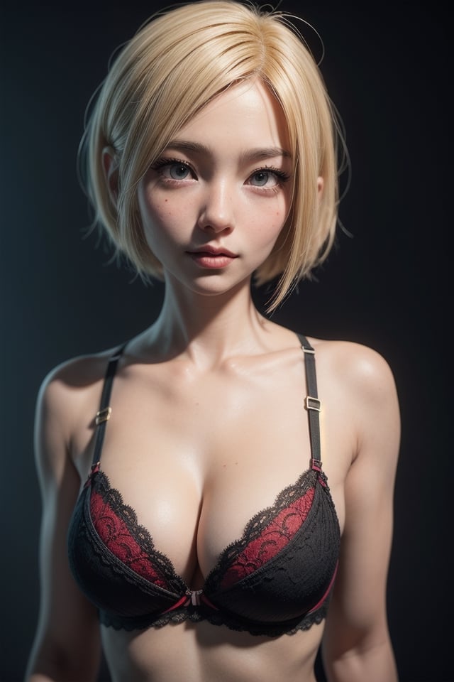  (masterpiece:1.3),a japanese woman in a red and black bra top,blonde,baby face, very short hair, a character portrait by Sengai, trending on cg society, dau-al-set, daz3d, anime aesthetic, 3d,