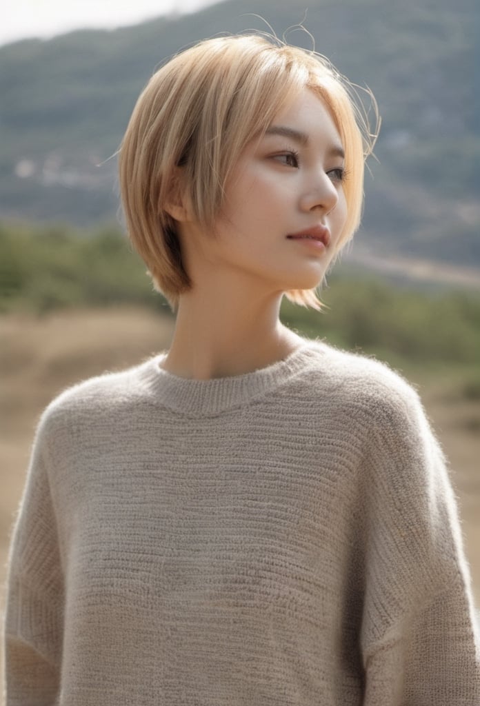 1 pretty japanese woman standing on the beach, outdoor,daylight,noon,20 years old, 158cm tall, sportive, fit,very large jaw bones, squarred face,masseter muscle hypertrophy, large face,big cheekbone,thin neck, Nordic hair,very short haircut, Medium Bob With Side-Swept Bangs, hair behind ears, hair behind the head is very short, blonde hair, light grey eyes, detailed eyes, detailed face, detailed ears, very tanned skin, short torso, little turned-up nose, nude, no clothes, no accessories, full body, skinny, sultry pose, seductive pose, flat chest, spread her legs,want to show her sex, very small breast, small labia majora, female_masturbation, whole body, exposed_pussy, beautiful sex, exaggerated very large pelvis, exaggerated very thin waist,want to have sex,photo, rule of thirds, detailed face, detailed nose, woman nude, smirk, intricate, background, realism,realistic, raw, analog, photorealistic, analog, realism, a lot of light, global light,medium-long shot,her thighs and her knees,completely nude,xxmixgirl