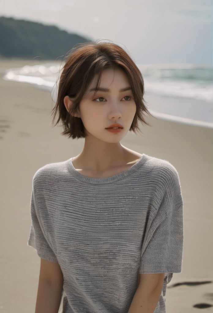 1 pretty japanese woman standing on the beach, outdoor,daylight,noon,20 years old, 158cm tall, sportive, fit,very large jaw bones, squarred face,masseter muscle hypertrophy, large face,big cheekbone,thin neck, Nordic hair,very short haircut, Medium Bob With Side-Swept Bangs, hair behind ears, hair behind the head is very short, blonde hair, light grey eyes, detailed eyes, detailed face, detailed ears, very tanned skin, short torso, little turned-up nose, nude, no clothes, no accessories, full body, skinny, sultry pose, seductive pose, flat chest, spread her legs,want to show her sex, very small breast, small labia majora, female_masturbation, whole body, exposed_pussy, beautiful sex, exaggerated very large pelvis, exaggerated very thin waist,want to have sex,photo, rule of thirds, detailed face, detailed nose, woman nude, smirk, intricate, background, realism,realistic, raw, analog, photorealistic, analog, realism, a lot of light, global light,medium-long shot,her thighs and her knees,xxmix_girl,LinkGirl