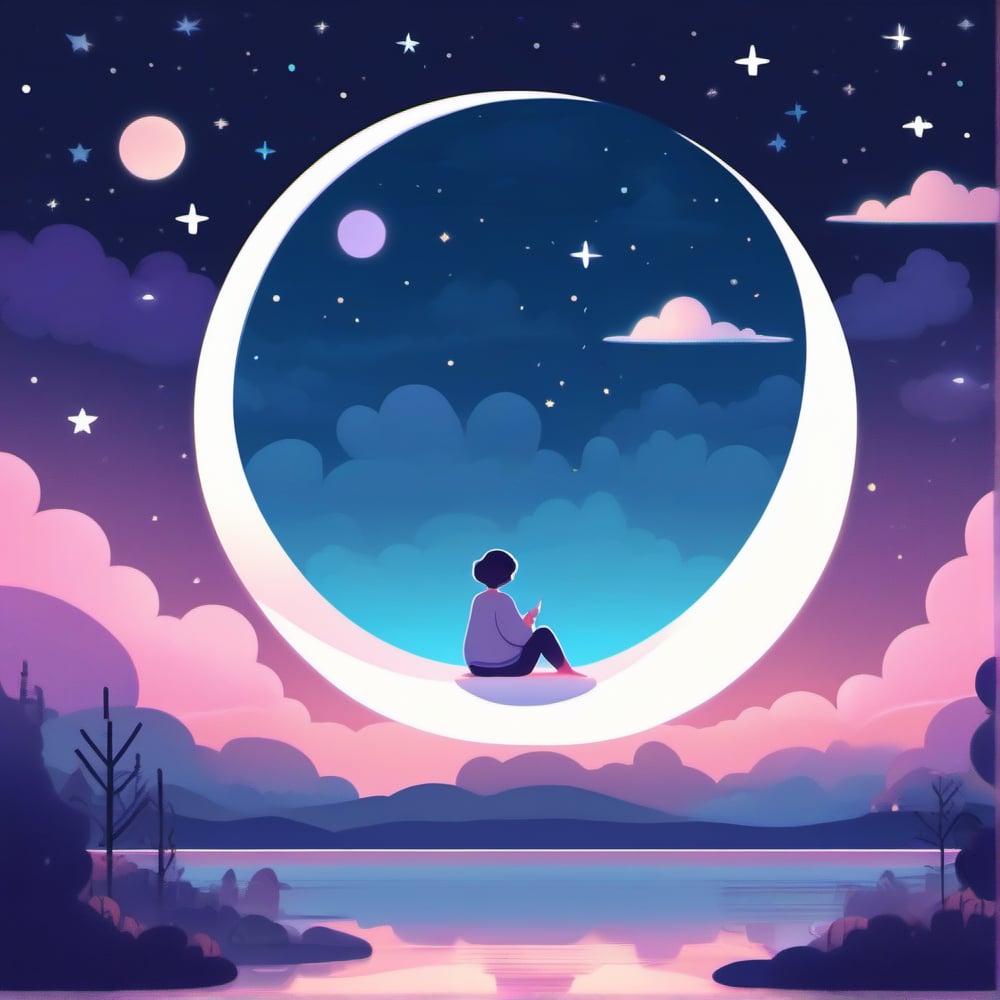 A calm and relaxing night scene with a lofi art style. In the center, a human figure is lying on a cloud, listening to music through large headphones. The full moon shines softly in the starry sky, while the stars twinkle with a faint glow. The color palette is soft and pastel, with shades of blue, purple and pink. The general atmosphere should convey peace, serenity and a dreamlike feeling