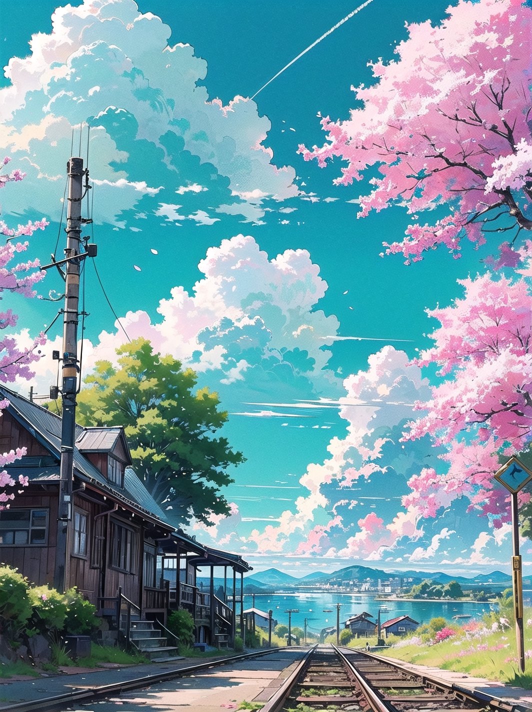 Beautiful pastel background wallpaper, blue sky, clouds, sunshine, ocean, beach, train, railroad crossing, old train station, detailed trees, cherry blossoms, detailed background, 8k, details, ultra realistic, pastelbg, clear water, water way, 