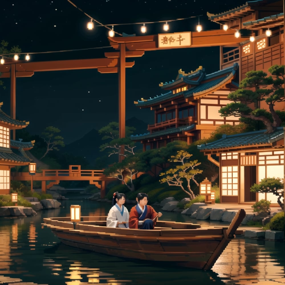 masterpiece, outdoors, (night time), night, cozy lights, river, river scenery, ancient asia scenery, asian garden, asian architecture, | depth of field, bokeh, ,PixelArt