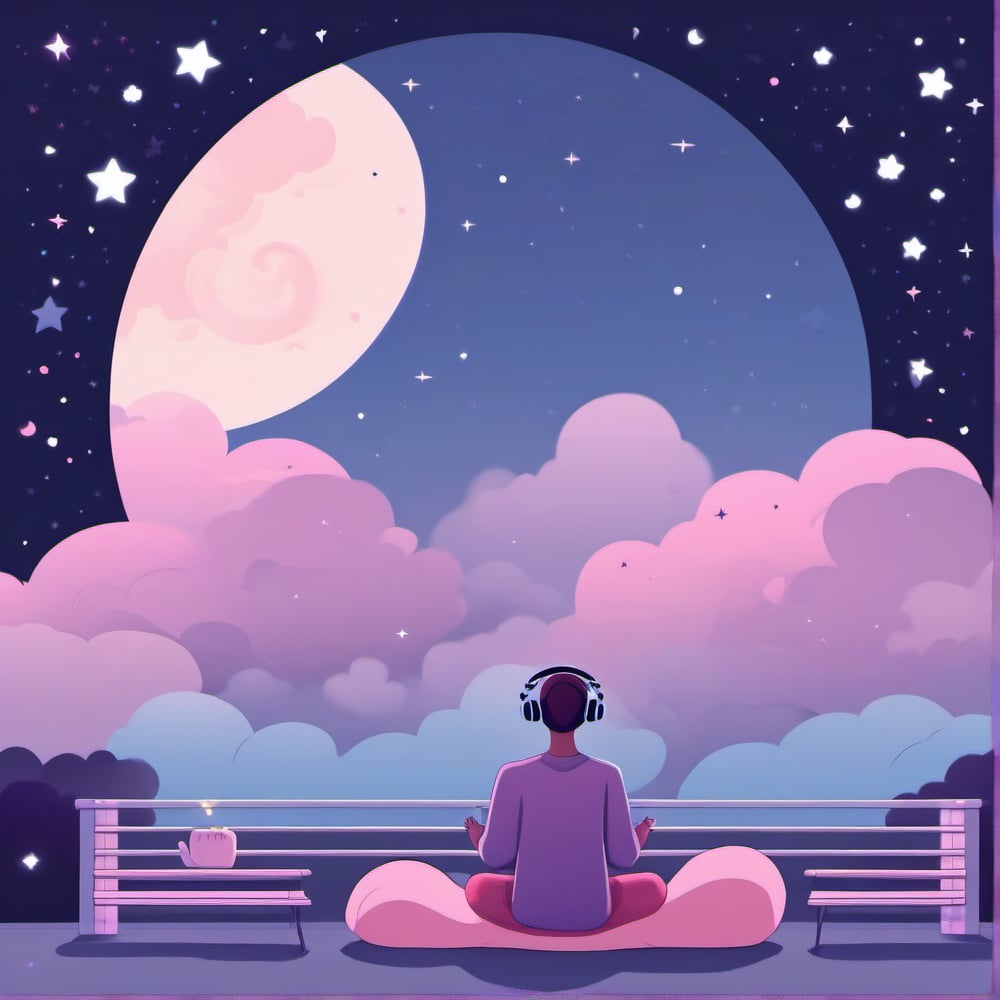 A calm and relaxing night scene with an artistic lofi style. In the center, a human figure is lying on a cloud, listening to music through headphones. The full moon shines softly in the starry sky, while the stars twinkle with a faint glow. The color palette is soft and pastel, with shades of blue, purple and pink. The overall atmosphere should convey peace, serenity and a dreamy feeling.