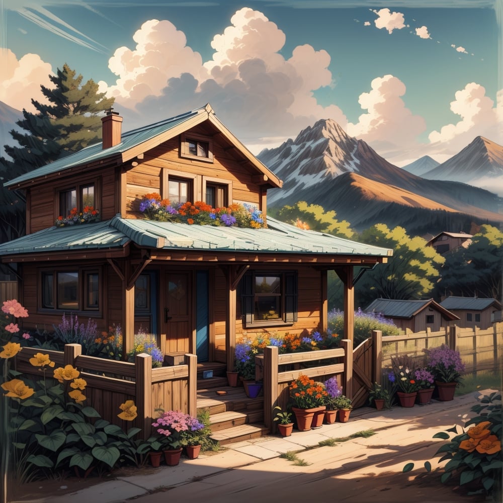 (Masterpiece, ultra detailed, hyper quality) a cute small but cozy wooden house on the edge of the village, photo next to the fence, the fence is out of focus, lots of trees and colorful flowers, small mountains and a few houses in the background, detailed clouds, bright colors,  

leonardo