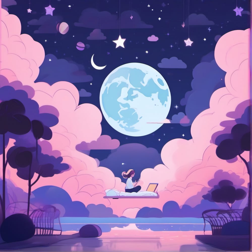 A calm and relaxing night scene with a lofi art style. In the center, a human figure is lying on a cloud, listening to music through large headphones. The full moon shines softly in the starry sky, while the stars twinkle with a faint glow. The color palette is soft and pastel, with shades of blue, purple and pink. The general atmosphere should convey peace, serenity and a dreamlike feeling