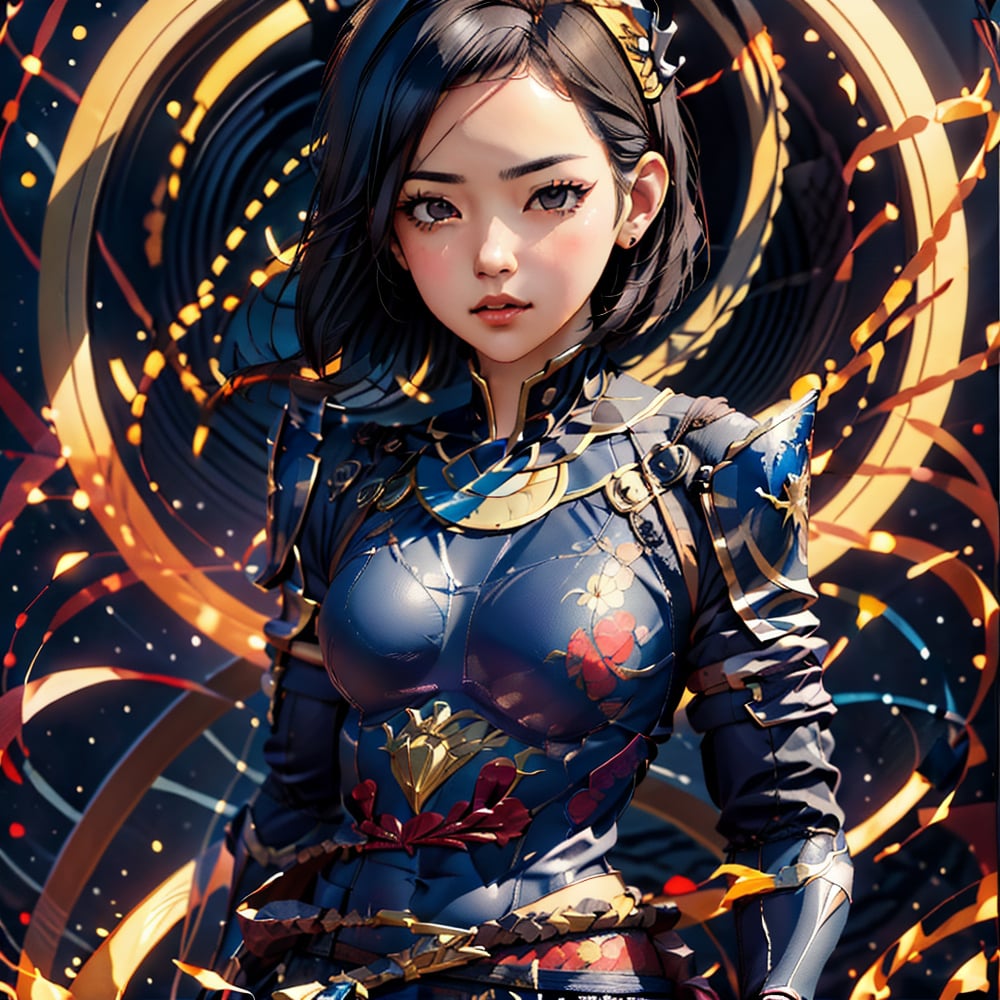 shinobi warrior wearing a filigree yoroi metal armor suit,DonMl1ghtning,yorha no. 2 type b,n_2b,WonderWaifu,colorful_girl_v2, wabi-sabi background