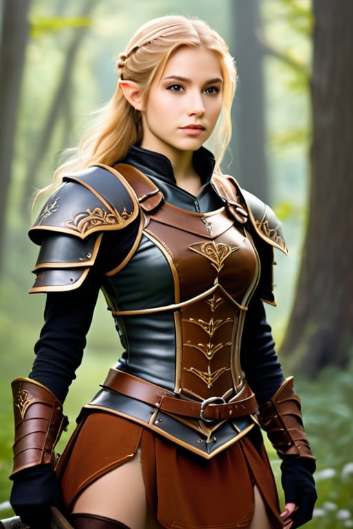 Female half elf teen, with honey blond hair that is wild, almond brown eyes., very small ears, in a fantays world, wearing leather armor vest, and skirt