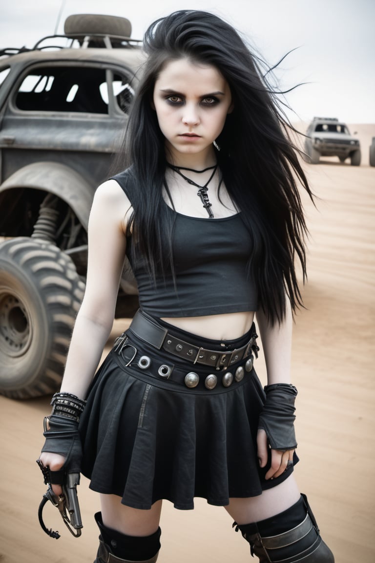 1 goth girl, petite, (((12 years old))), (((nonude))), full_body, Selfie, Long black wild hair, ((viewed_from_side 1.4)), Short black skirt  (((pale skin 1.4))), set in a the far future, in a mad max , death race setting.