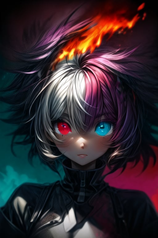 1girl, young, big eyes, detailed eyes, (heterochromia:1.3), short hair, wild hair, (disheveled hair:1.3), colorful hair, (acid colors:1.4), saturated colors, portrait, illustration, (abstract), (masterpiece), (highly detailed:1.3), sparkles, (flames:1.2)